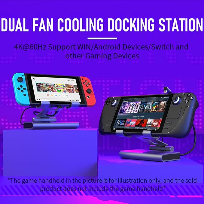 Fans Docking Station for Steam Deck/ROG Ally X/Legion Go/Claw, 6-in-1 Adjustable Stand Steam Deck Dock with HDMI 4K@60Hz, 1000Mbps Ethernet, 3* USB-A 3.0 and Fast Charging for Steam Deck OLED