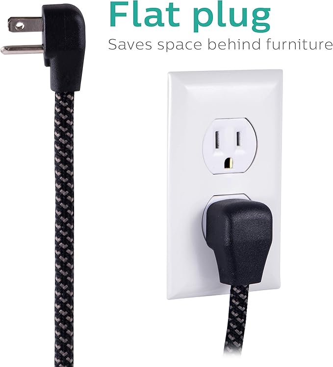 Philips 6 Outlet Surge Protector Power Strip, Designer Braided Power Cord, 4 Ft Power Cord, Flat Plug Extension Cord, Perfect for Office or Home Decor, 720 Joules, ETL Listed, Black, SPC3064BD/37