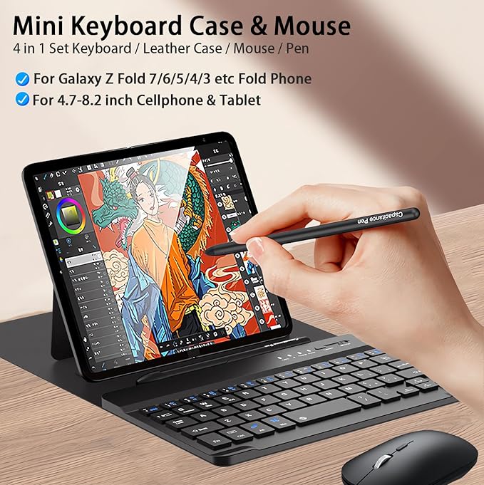 for Samsung Galaxy Z Fold 7 6 5 Keyboard and Mouse, Portable Mini 7.9 inch Bluetooth Keyboard with Leather Case and Capacitive Pen, 4 in 1 Travel Set for Z Trifold fold7 Accessories