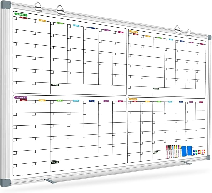 Magnetic Large Calendar Whiteboard for Wall 72" x 40", 4 Month Dry Erase Board Calendar for Wall Mounted Board, Big White Boards for Wall, Office White Board Planning Board for School, Home