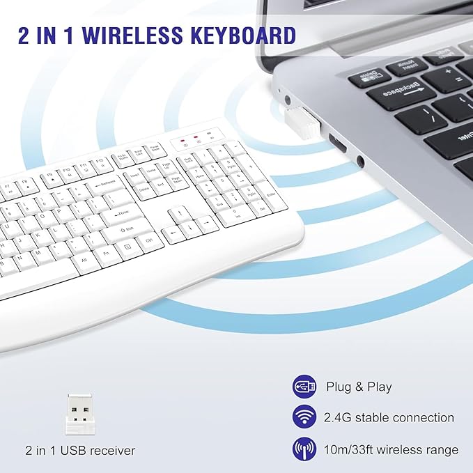 Wireless Keyboard, 2.4G Full-Sized Ergonomic Wireless Computer Keyboard with Wrist Rest for Windows, Mac OS Laptop/PC/Desktop/Notebook(Off White)
