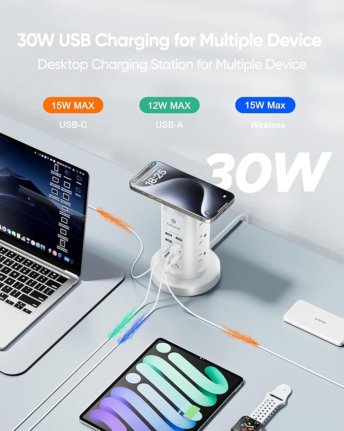 30W USB Charging Station, Surge Protector Power Strip Tower, 9 AC Outlets with 8 USB Ports(4 USB-C), 6Ft Flat Plug Retractable Extension Cord, for Home Office Dorm, White