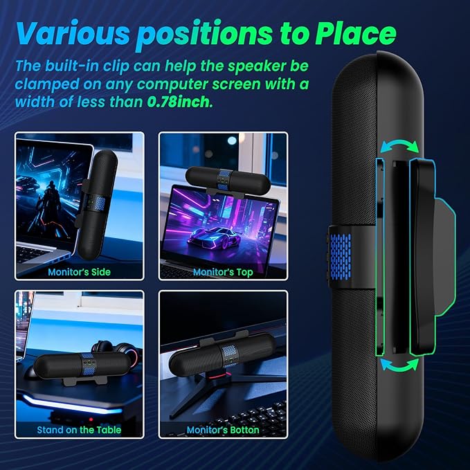 BESTISAN Computer Speaker, Bluetooth 5.3/Wired USB A/C Connection, 6 RGB Light Modes, Gaming Soundbar for PC/Laptop/Desktop, USB A/C Adapter, Loud Sound, Easily Clamps to Monitor, Convenient Controls