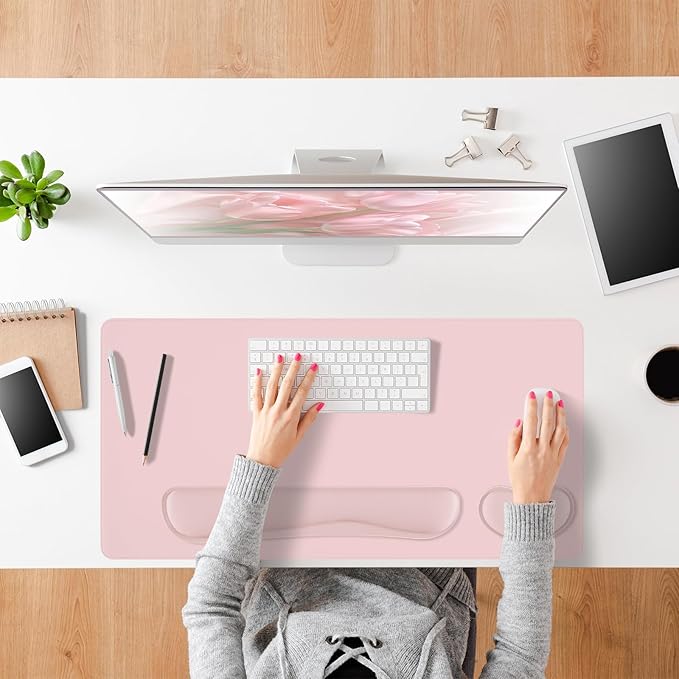 Desk Pad and Keyboard Wrist Rest, 3in1 Mousepad + Keyboard Wrist Rest+Mouse Wrist Rest for Home Office Table Computer Cover. (31.5×15.7,Pink)
