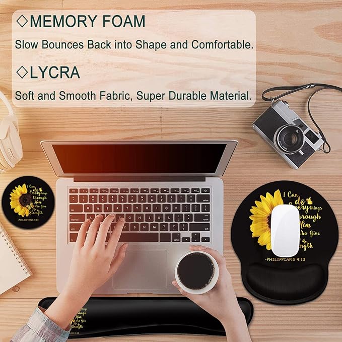 Keyboard Wrist Rest and Mouse Pad with Wrist Support, Ergonomic Gel Mouse Pad Coaster, Easy Typing Pain Relief, Memory Foam Keyboard Mousepad Set,Bible Verse Philippians 4:13 Sunflower