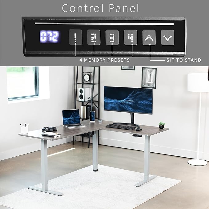 VIVO Corner Standing Desk, 63 x 55 inch Reversible L-Shaped Workstation, Electric Height Adjustment, Home, Office, and Reception Rooms, Dark Gray Table Top Gray Frame, DESK-E3CTGG