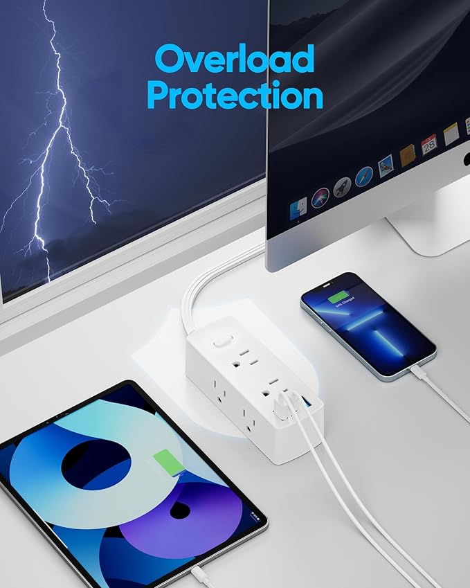 Flat Extension Cord 10ft, Olcorife Flat Plug Power Strip with 6 Outlets 3 USB Ports(1 USB C), 3-Side Outlet Extender Surge Protector for Home Office Dorm Room Essentials, White