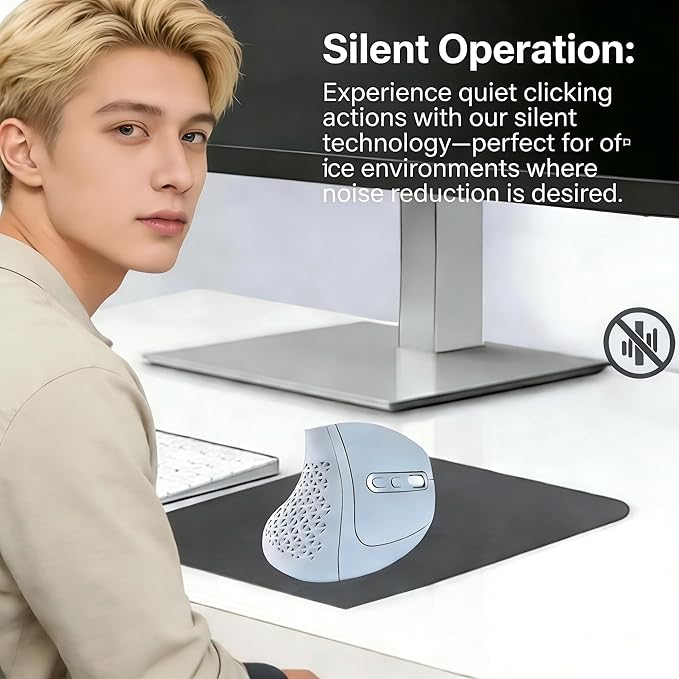 Bluetooth Wireless Dual-Mode Vertical Mouse - Silent Click, Ergonomic Comfort for Office & Home Use, Rechargeable with LED Breathing Light, Compatible with Multiple Devices (Blue)