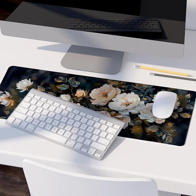 Dark Aesthetic Watercolor Floral Mouse Pad,XL Large Vintage Rose Desk Mat,Spring Summer Botanical Mouse Pad,Rustic Botanical Flower Desk Mat for Home Office Dorm Desktop Decor,31.5x11.8 Inch