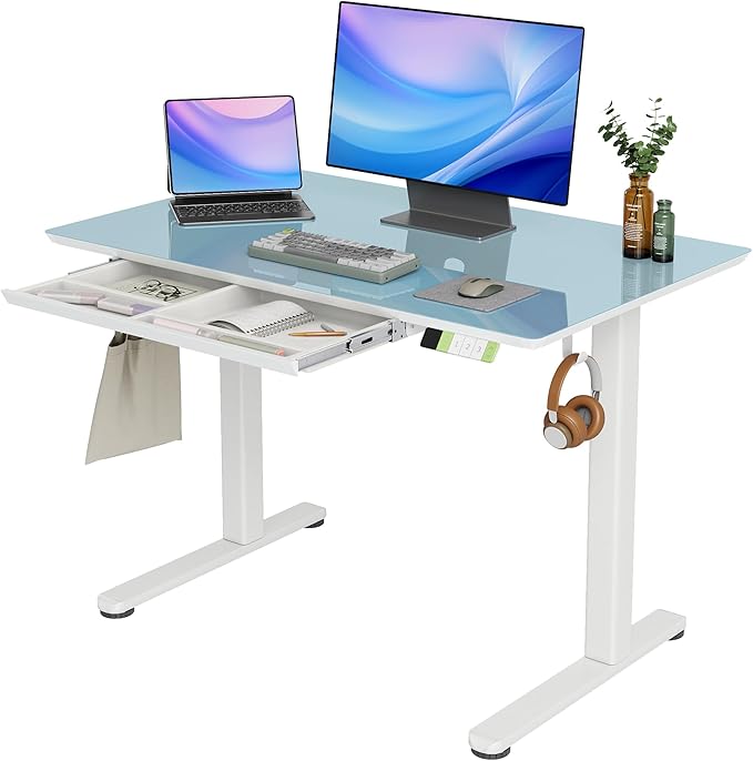 INNOVAR Glass Standing Desk with Drawers, Adjustable Height Electric Stand Up Desk, Small Standing Desks with Storage, 40 inch, Morandi Blue