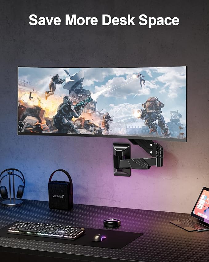 Monitor Wall Mount for Max 43", Premium Single Wall Monitor Mount Holds up to 33.1lbs Ultrawide Computer Screen, Height Adjustable Full Motion Gas Spring Vesa Wall Mount, Max 200x200mm