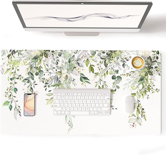 Colorful Star Large Mouse Pad, Green Leaves Waterproof Office Desk Mat, Non-Slip Gaming Mouse Pad, XXL PC Laptop Protector Pads, PU Leather Desk Writing Pads for Office Home, 31.5" x 15.7"
