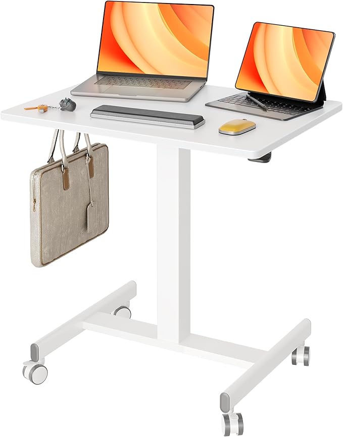 Claiks Mobile Standing Desk, Small Rolling Workstation with Wheels, Pneumatic Laptop Desk for Home Office with Hook, White