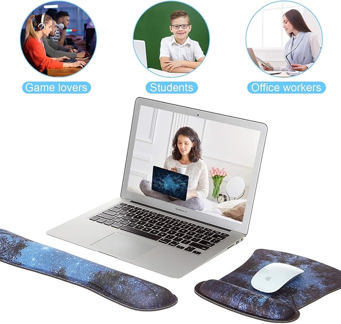 Ergonomic Mouse Pad with Wrist Rest Support and Keyboard Wrist Rest Pad with Coaster, iDonzon Cute Wrist Pad with Non-Slip Rubber Base and Raised Memory Foam, Easy Typing & Pain Relief, Forest Starry