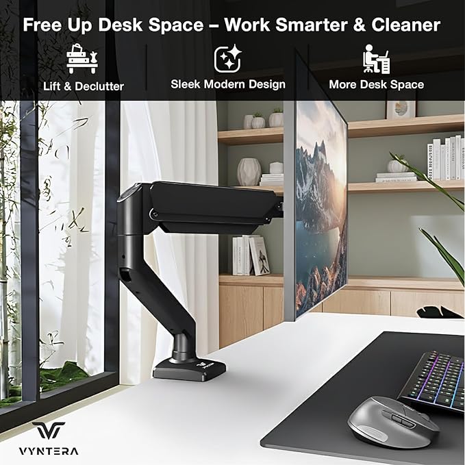 Single Monitor Arm Desk Mount – Adjustable Gas Spring Monitor Stand for 13”–34” Screens, Full Motion Swivel, Tilt & Rotation, Heavy Duty VESA Mount for Office, Gaming & Professional Setup