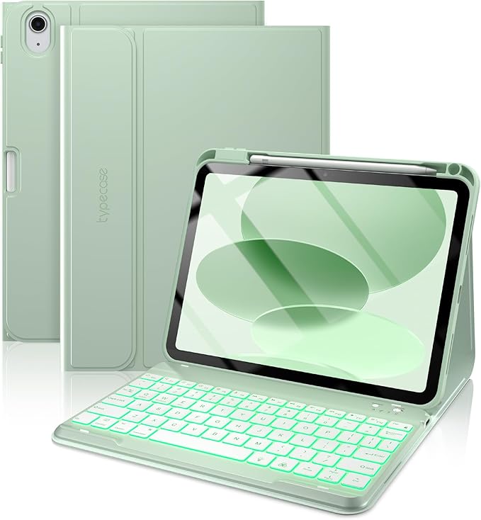 typecase Folio Keyboard Case for iPad 10th Gen 10.9 inch (2022) and iPad 11th (A16, 2025), Magnetic Wireless Detachable Keyboard, 7-Color Backlight, Thin & Light, Pencil Holder – Matcha Green