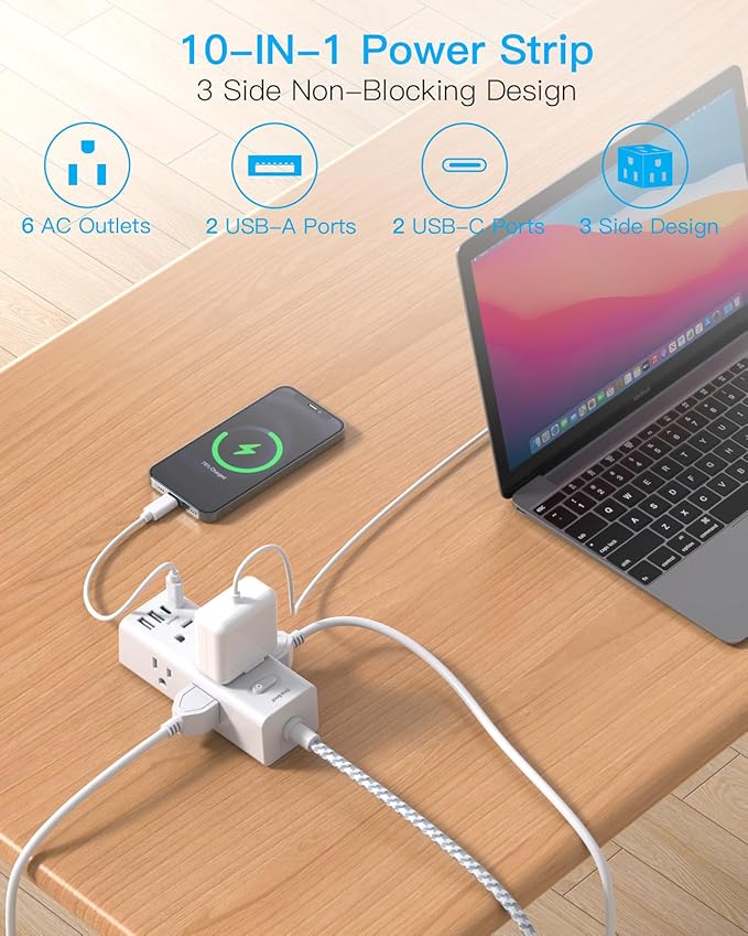 Short Extension Cord 3Ft, Flat Plug Power Strip Surge Protector - 6 Widely Outlets with 4 USB Ports (2 USB C), Wall Mount Small Power Strip for Travel Home Office College Dorm