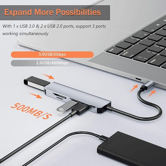 VIENON 5 in 1 Aluminum USB-C Hub with Memory Card Reader and 3 USB 3.0 Ports, for PC, Laptops, MacBook Pro/Air, iMac Pro, Surface and Tablet