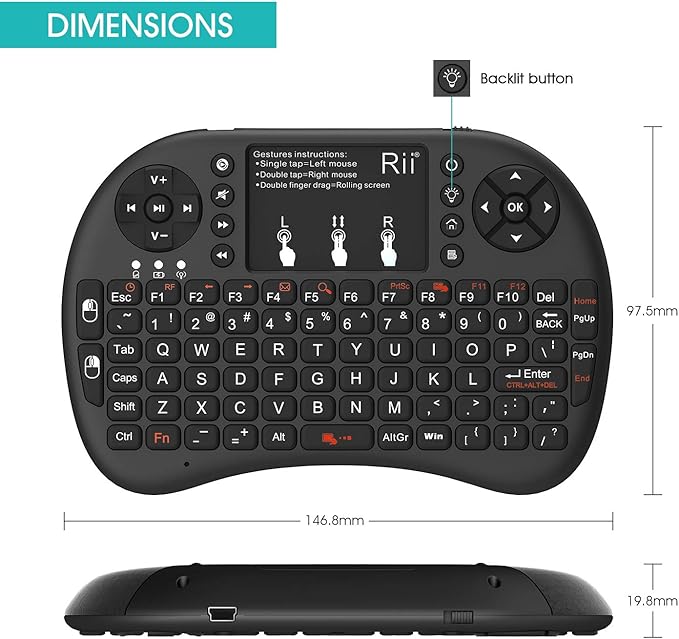 Rii 2.4GHz Mini Wireless Keyboard with Touchpad＆QWERTY Keyboard, Backlit Portable with Remote Control for Laptop/PC/Tablets/Windows/Mac/TV/Xbox/PS3/Raspberry Pi .(Black)