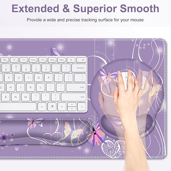 Purple Butterflies Florals Mouse Pad, XXL Large Desk Mat Extended Reading Desk pad, 4PCS Non-Slip Rubber Base Computer Big Mousepads for Work, Game, Office, Home Decor Girls Woemn Gifts Accessories