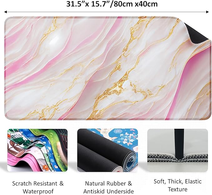 Marble Pink Desk Mat for Keyboard and Mouse，Computer Desk Matt for Desktop，Large Mouse Pad for Desk，Desk Pads on Top of Desks 15.7"" x 31.5""