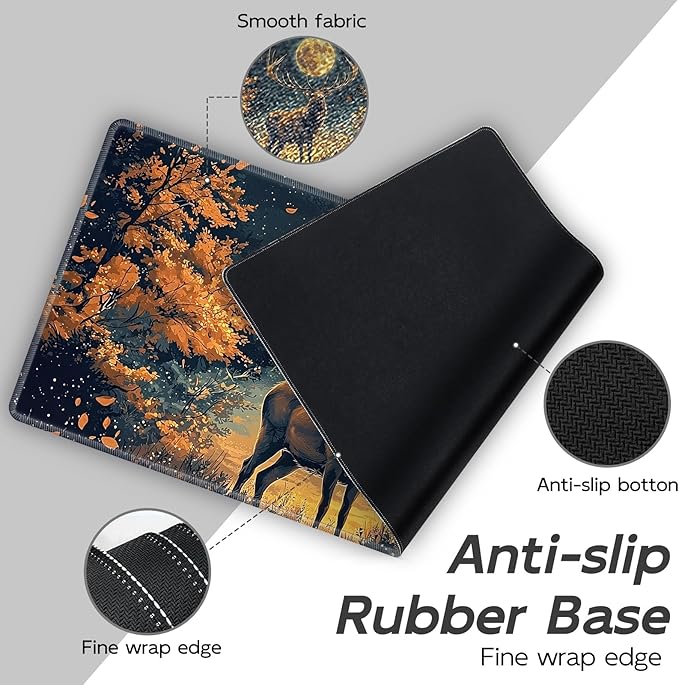 Gaming Mouse Pad Set, Moon Forest Elk Large Desk Mat Mousepad, Keyboard Wrist Support, Mouse Wrist Rest, Coaster 4in1 Ergonomic Memory Foam, Non-Slip Stitched Edge for Home Office