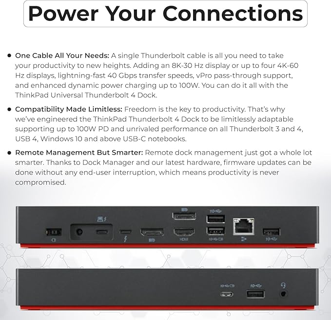 40B00135US Lenovo Thinkpad Docking Station USB C - 1 Year Warranty, Supports 4K Display, Thunderbolt 4 Dock with 135W Adapter, HDMI, DisplayPort, Thunderbolt Cables & Cloth - Lenovo Docking Station