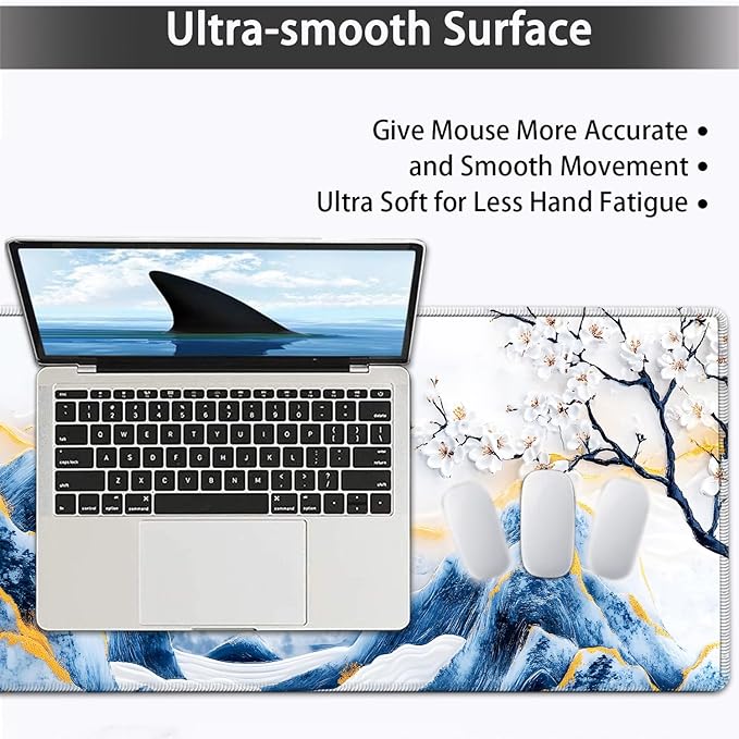 Large Mouse pad and Keyboard Support Set, Ergonomic Memory Foam Keyboard Wrist Rest, Extended Gaming Mouse Pad with Stitched Edges, Porcelain Sakura Bloom Art XXL Desk Mat (31.5 X 11.8 in)