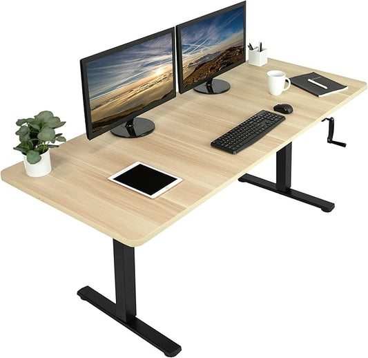 VIVO Manual Height Adjustable 71 x 30 inch Stand Up Desk, Light Wood Table Top, Black Frame, Standing Workstation with Foldable Handle, DESK-KIT-MB7C