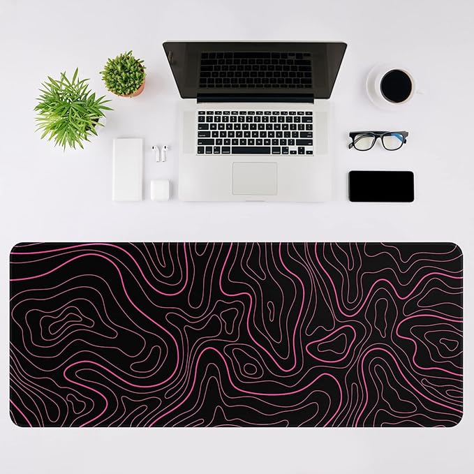 Mouse Pad Gaming Mousepad 31.5 x 11.8 in Large Mouse Pad for Keyboard and Mouse with Anti-Slip Rubber Base, Keyboard Pad XL Mouse Mat for Home and Office(Black with Red Topographic Line)