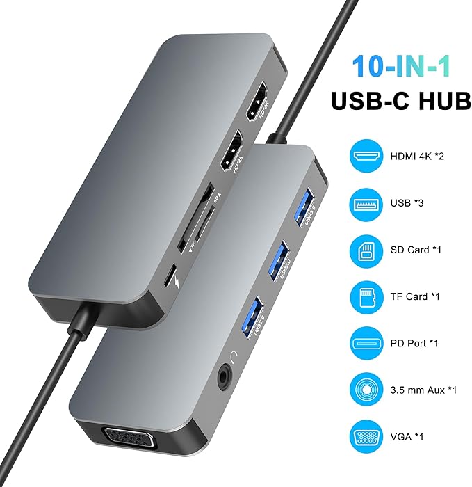 Docking Station Dual Monitor, USB C to Dual HDMI Adapter, Computer Docking Station for Laptop, Dual Monitor Adapter, 10 in 1 USB C Hub Multiport with HDMI/VGA/PD/USB/SD/TF/3.5mm Audio