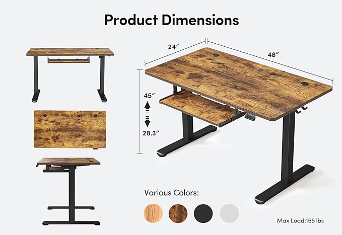 BANTI 48" x 24" Height Adjustable Electric Standing Desk with Keyboard Tray, Sit Stand up Desk with Splice Board, Black Frame/Rustic Brown Top