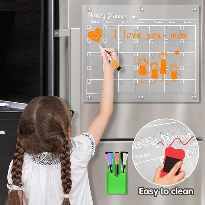 Acrylic Magnetic Dry Erase Board for Fridge, Set of 3 Transparent Monthly & Weekly Planning Boards, Includes 6 Dry Erase Markers, 1 Eraser and Magnetic Pen Holder