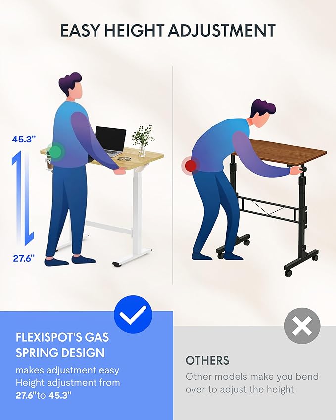 FLEXISPOT H7 Plus Gas Spring Adjustable Standing Desk, Mobile Rolling Sit-Stand Workstation with Wheel, Cordless Stand Up Desk for Small Room & Home Office 32" One-Piece Desktop Maple,height 27.6"–45"
