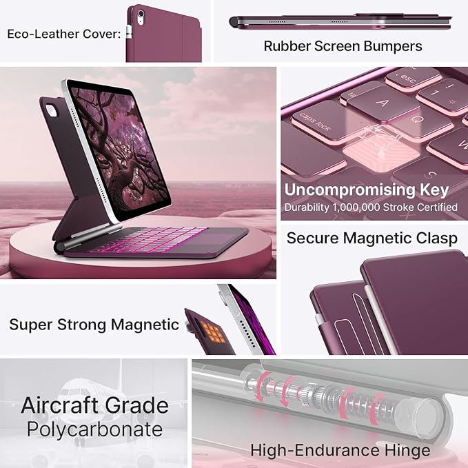 typecase Edge Keyboard Case for iPad 11th Gen A16 (2025) & 10th Gen 10.9" (2022) – Multi-Touch Trackpad, 11-Color Backlit Magic-Style Keyboard – Floating Magnetic Stand, Pencil Holder – Raspberry
