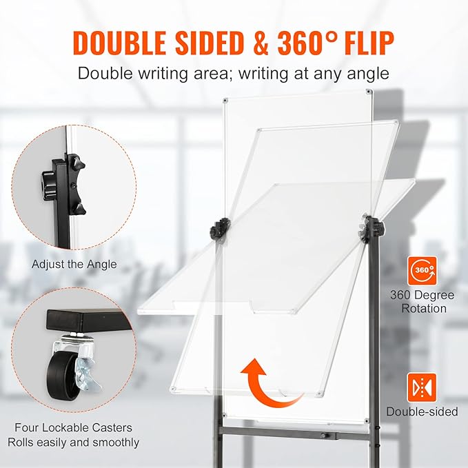 VEVOR Rolling Magnetic Whiteboard, Double-Sided Mobile Whiteboard 24x48 Inches, 360° Reversible Adjustable Height Dry Erase Board with Wheels & Movable Tray for Office School