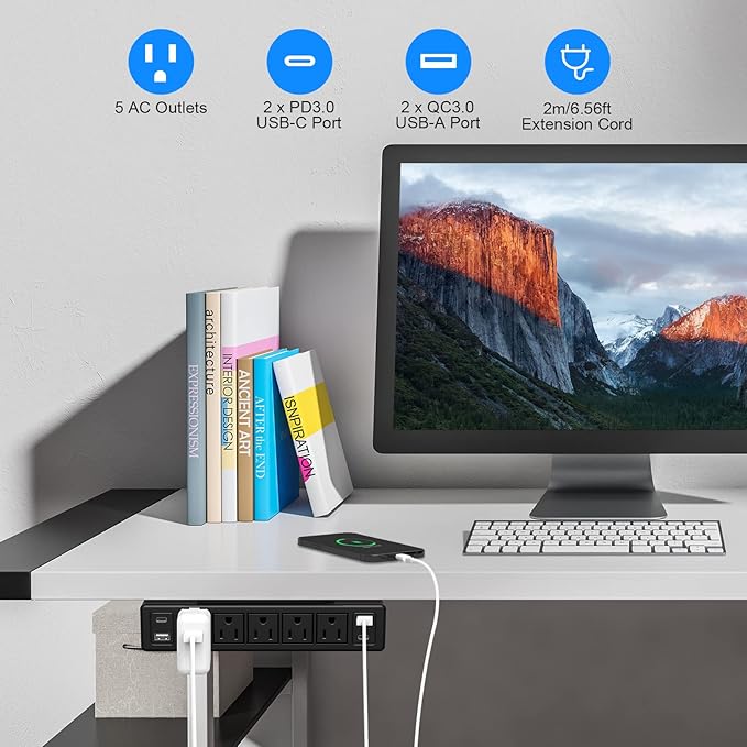 40W Under Desk Power Strip Mountable,20W USB-C Fast Charging Flat Plug Power Strip Surge Protector 1200J,9 in 1 Desk Outlet,5 Outlets,2 USB-C,2 USB-A,10FT Extension Cord Black