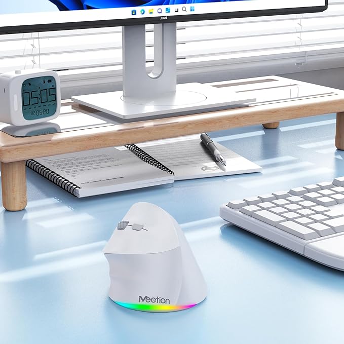 MEETION Left-Handed Mouse, Ergonomic Mouse Wireless Vertical Mouse, RGB Mice for Bluetooth(5.2 + 3.0) & USB-A with Type-c Adapter 4 Adjustable DPI for Mac/Windows/PC/Tablet/iPad Gray