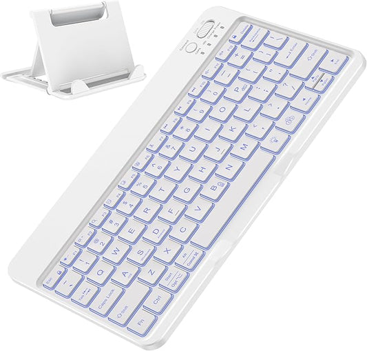 OMOTON Bluetooth Keyboard for Tablet/Android/Windows/iOS, with 7 Colors Backlight Rechargeable Wireless Mini Keyboard for Galaxy Tab A9+ / S9 FE / S10 / S11 / A11 Series etc, White