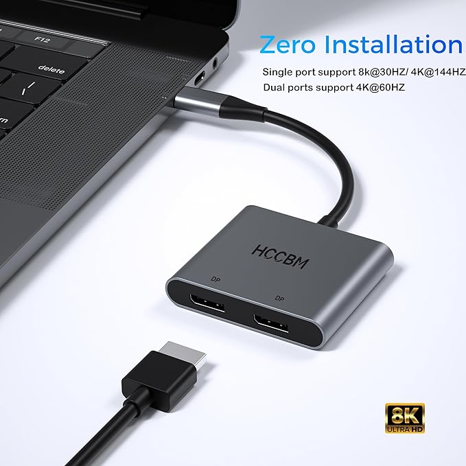 USB C to Dual DisplayPort(DP) Adapter Splitter 8K, Dual Monitor Adapter for Dell HP Surface Laptops,Type C to 2 DP Hub Dongle 8K@30hz/ 4K@144HZ