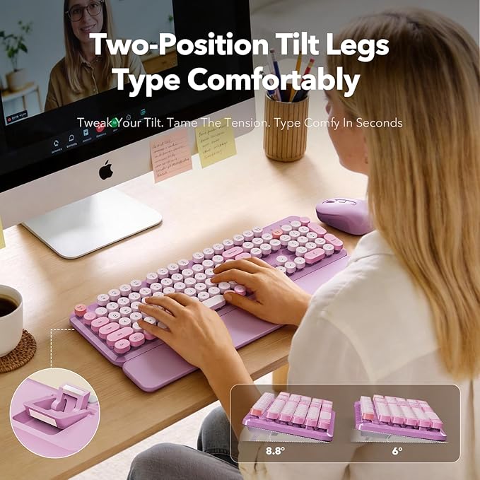 Wireless Keyboard and Mouse Combo with Detachable Magnetic Wrist Rest, Retro Typewriter-Style Keyboard, Round Keycap, Adjustable Legs, 3-Level DPI Mouse, 2.4GHz for Windows PC/Laptop (Lavender Purple)