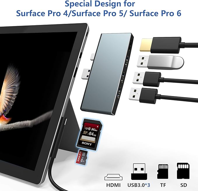 Surface Pro 6/ Pro 5/ Pro 4 Docking Station USB Hub, Surface Pro Docking Station with 4K HDMI, 3X USB3.0 Ports, SD/TF Card Reader, Accessories for Microsoft Surface Pro 4/5/6