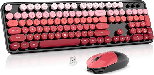 Wireless Keyboard and Mouse Combo, MOWUX Full Size Typewriter Retro Round Computer Keyboard, Cute Optical Mouse Wireless, Plug and Play, for Laptop, PC, Computer- Black Red Gradient