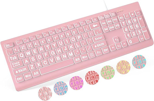 SABLUTE Large Print Backlit Keyboard, Wired USB Lighted Computer Keyboards with 7-Color & 4 Modes Backlit, Oversize Letters Keys Easy to See and Type, Quiet Keyboard Compatible for PC, Laptop -Pink