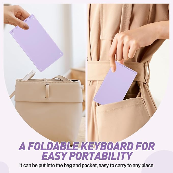 Foldable Mini Rechargeable Bluetooth Keyboard and Mouse Combo, 2.4G Wireless and Bluetooth,(Sync Up to 3 Devices), Ultra-Slim Travel Folding Keyboard for iPhone iPad Mac Android Windows iOS(Purple)