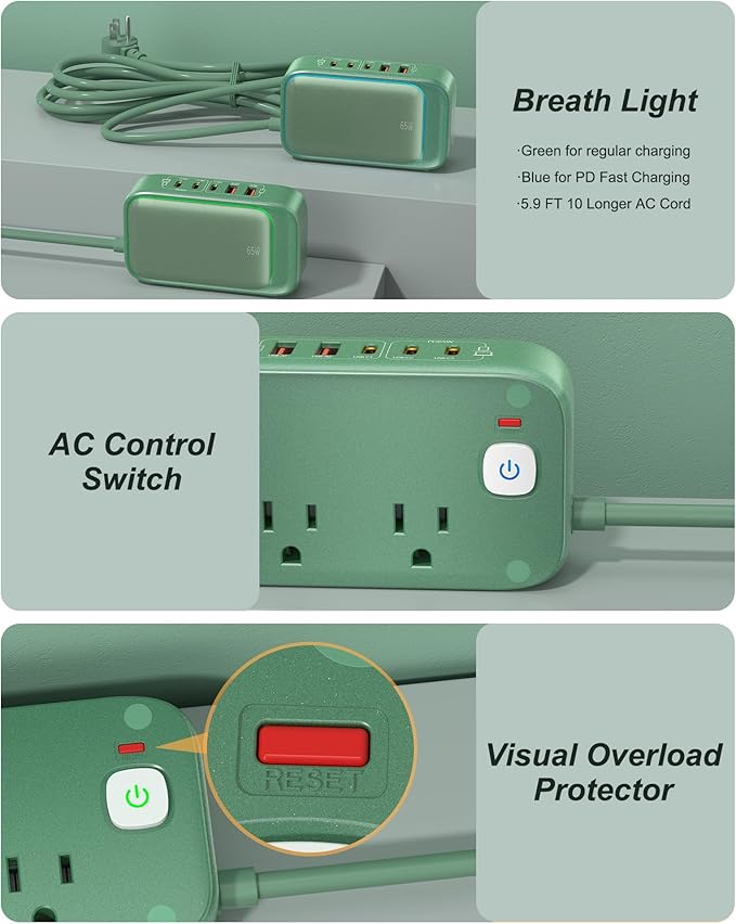 7-IN-1 Power Strip, 85W PD USB C Power Strip, Desktop Charging Station Outlet Extender with 2 AC Outlets, 3 USB-C and 2 USB-A Ports for Laptop/Phone and More