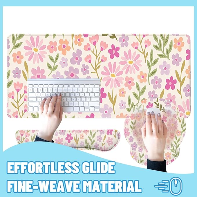 Flowers Mouse Pad Set Pastel Pink Purple Spring Gaming Mousepad 4in1 Desk Mat for Desktop Anti-Slip XXL Big Computer Ergonomic Mousepad with Wrist Support for Keyboard and Mouse