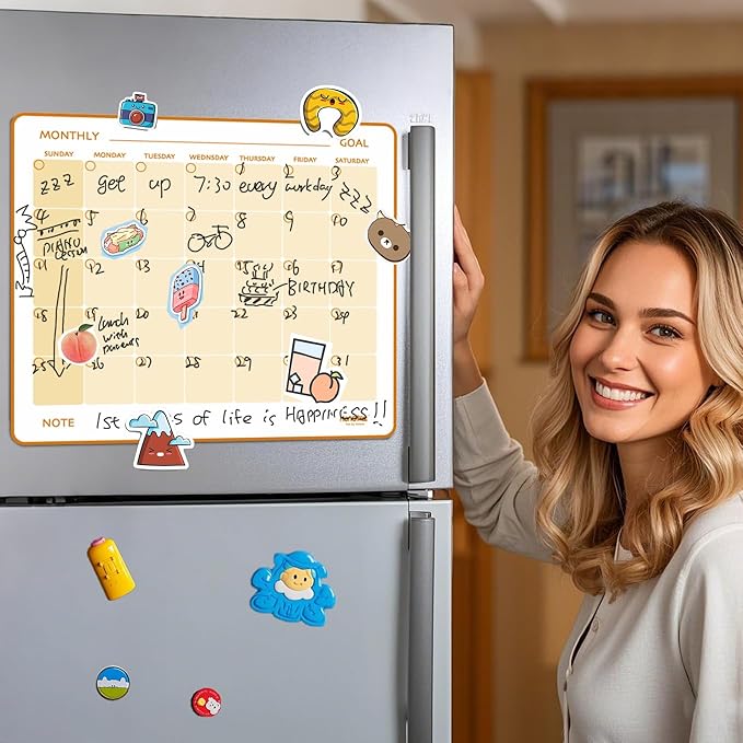 Magi - Magnetic Dry Erase Monthly Calendar - 14 x 12 inch - Family Month Planing Board - Reusable Fridge Magnet Whiteboard Planner - w Marker