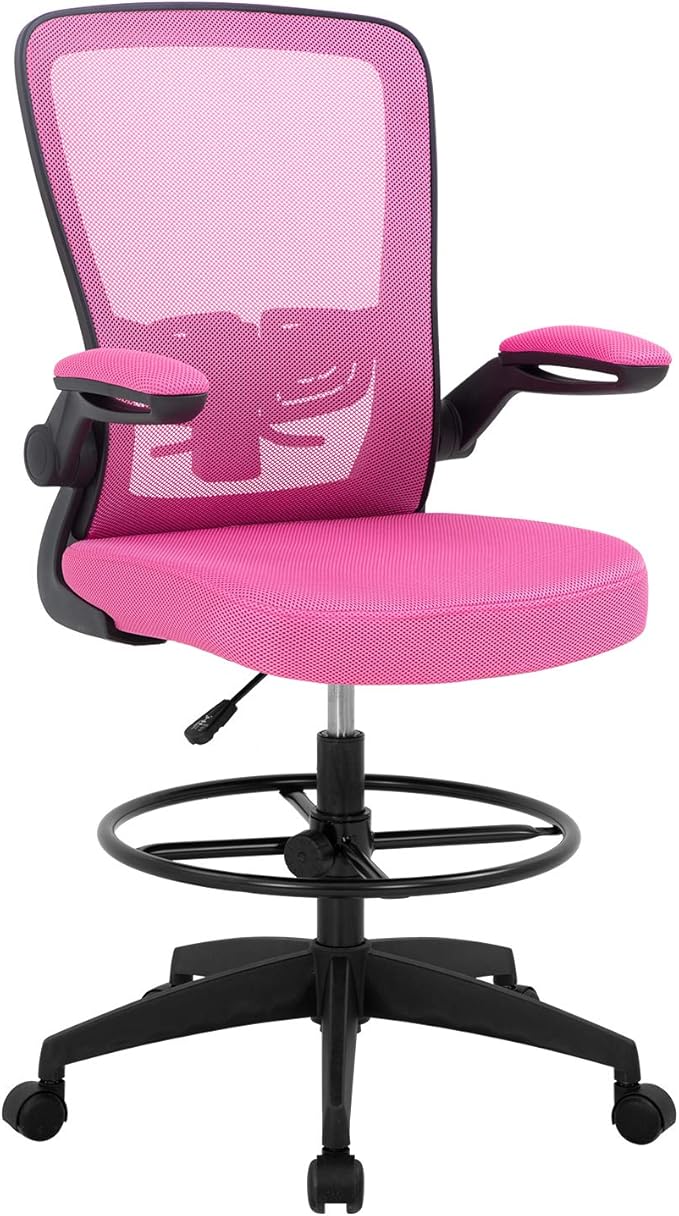 BestOffice Drafting Chair Tall Office Chair Adjustable Height with Lumbar Support Arms Footrest Mid Back Standing Desk Chair with Swivel Rolling Mesh Stool Pink