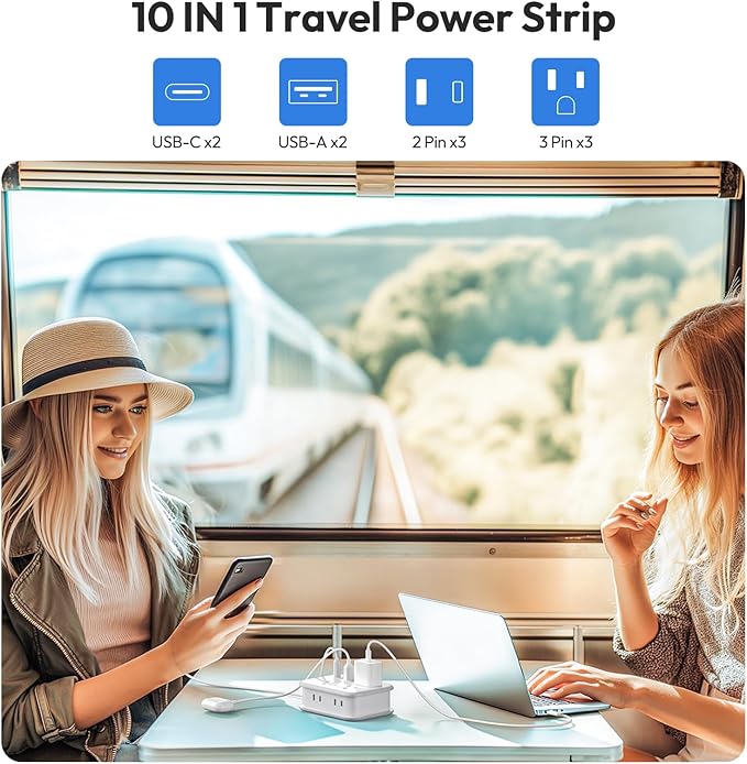 NTONPOWER 10 in 1 Travel Power Strip, 6 Outlets 4 USB Ports(2 USB C), 4ft Extension Cord Wrapped Around Small Power Strip, Compact for Travel, Hotel, Cruise Approved, White